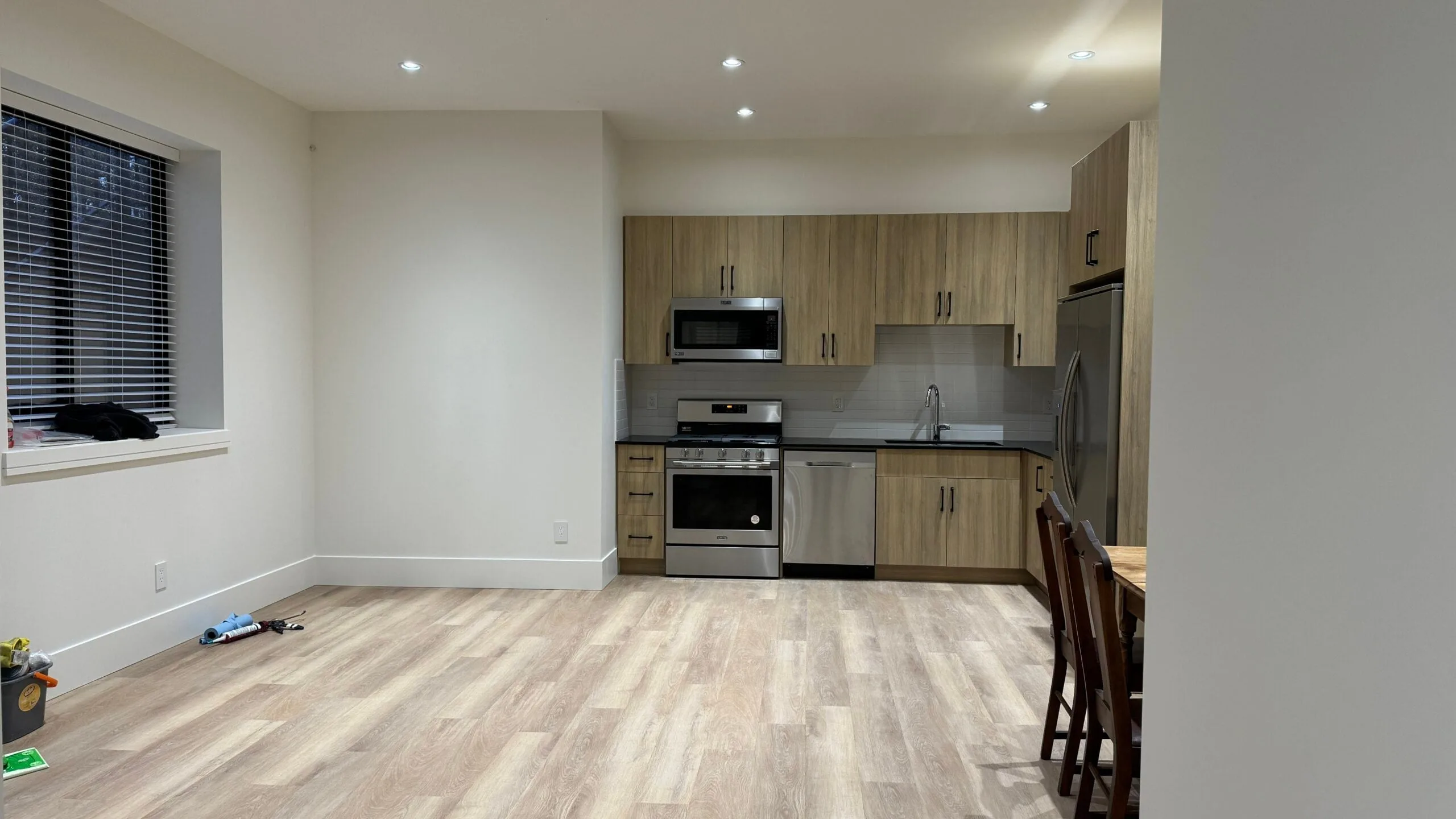 The kitchen and living area of a two-bedroom legal basement suite in Langley.