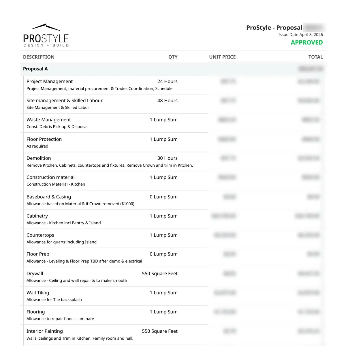 A page from a signed ProStyle proposal, listing the elements of the job, including allowances for cabinetry, countertops and tile. The prices are blurred.